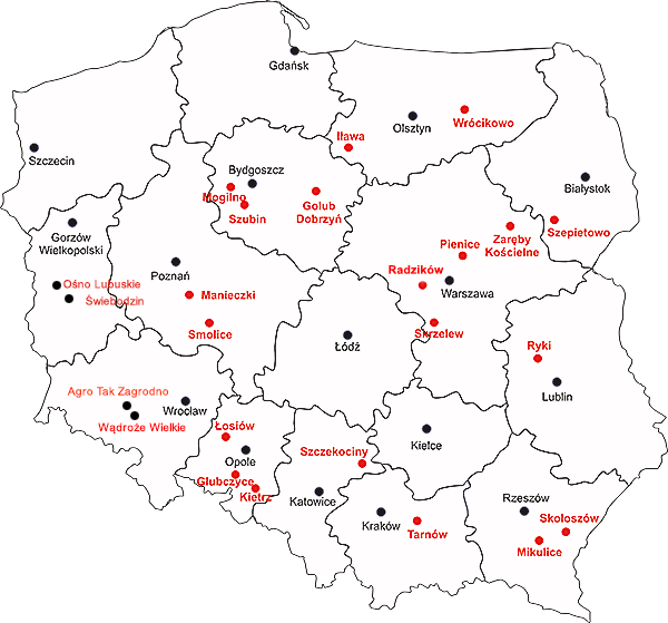 Mapa Polski z zaznaczonymi lokalizacjami doświadczeń, dni kukurydzy i pól pokazowych w latach 2017–2023